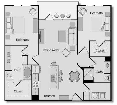 Floor plan for 2 beds, 2 baths, 1225 sqft